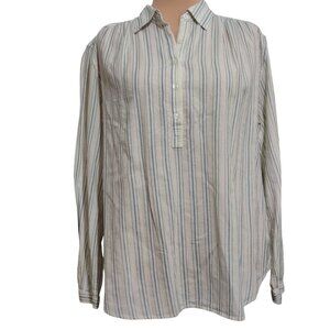 Chaps L Striped Cotton Shirt Blue White Button Front Long Sleeve Relaxed Coastal